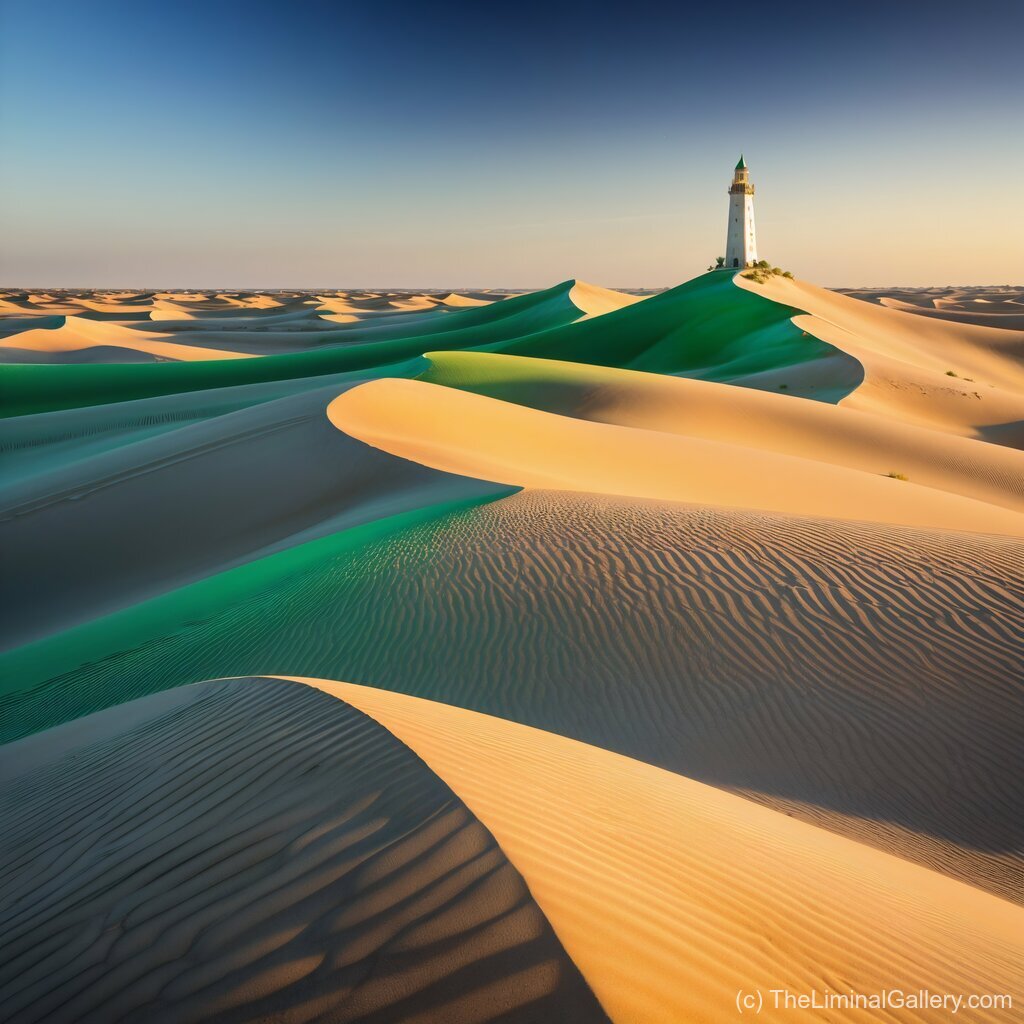 A solitary lighthouse glowing in the vast emerald desert, blending surreal mystery with enchanting beauty.